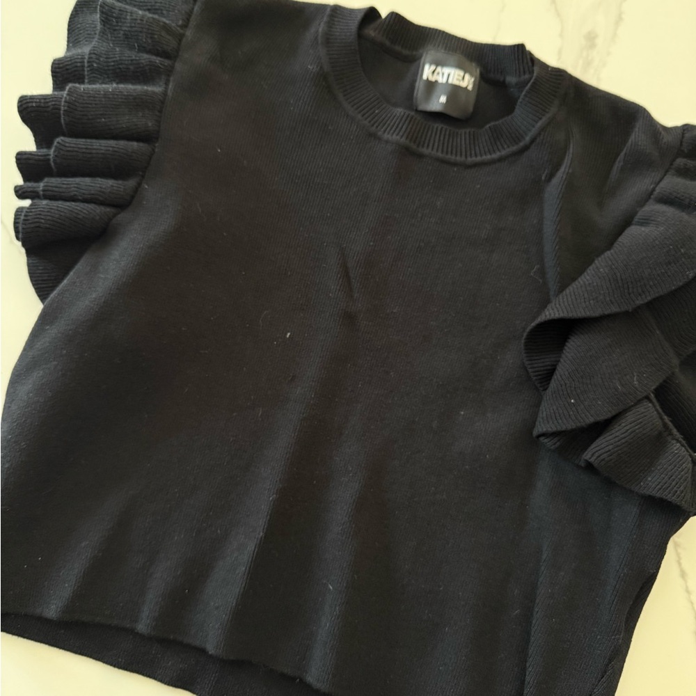 Katie J NYC Elegant Black Ruffle Sleeve Blouse